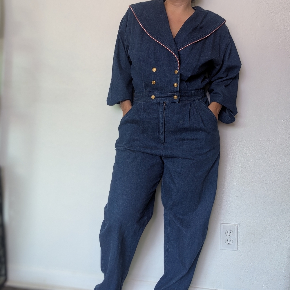 Vintage Candy Stripe Sailor Circus Vibe Denim Jumpsuit